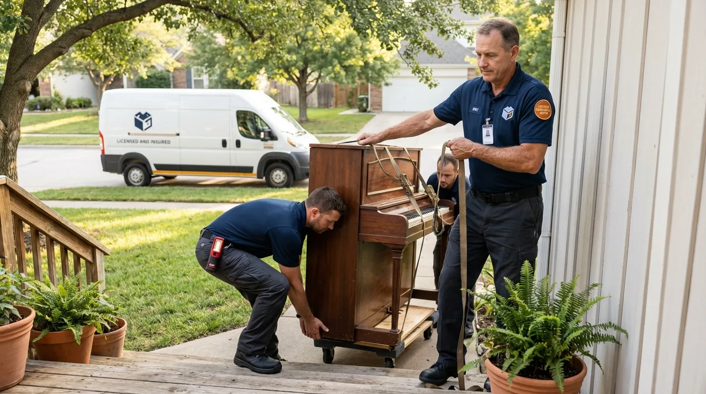 Licensed piano movers securing grand piano in Hampden Sydney, VA