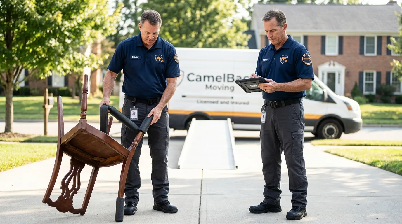Movers inspecting furniture for damage prevention before loading in Hampden Sydney, VA
