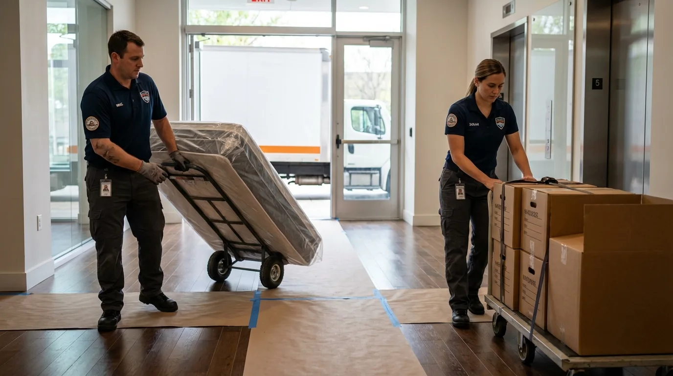 Professional apartment movers loading elevator in Hampden Sydney, VA