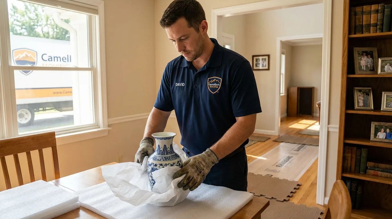 Professional crew carefully wrapping antique vase for senior downsizing move in Hampden Sydney, VA